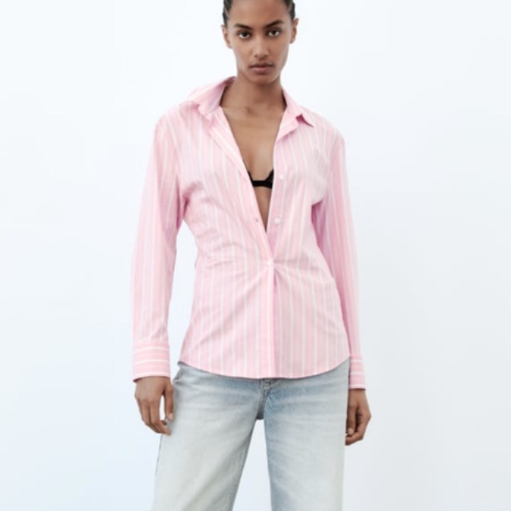 NWT Zara Pink Striped Button down poplin shirt - small